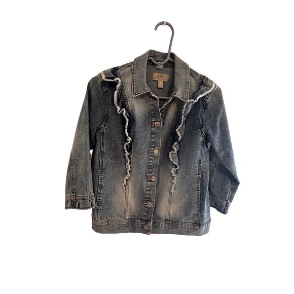 LOGO by Lori Goldstein Jackets & Blazers - Logo Lori Goldstein Jean Jacket 3/4 Sleeve Raw Hem Distressed Ruffled Size 2 XS